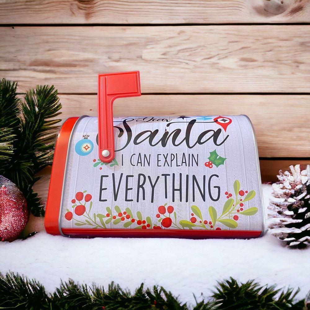 Mailbox Shaped “Dear Santa…” Holiday Tin Container Can With Flag NEW